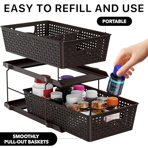 Simple Houseware 2 Tier Pull-Out Sliding Drawer Under Sink Storage, Brown | Great for Kitchen Bathroom Tray Shelf Organizer - color: Brown