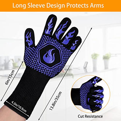 BBQ Gloves 1472F Heat Resistant Non-Slip Silicone 2 Pairs (Blue) | Grill Cut-Resistant, Oven Kitchen Safe for Barbecue, Cooking, Frying - color: Blue-2 Pairs