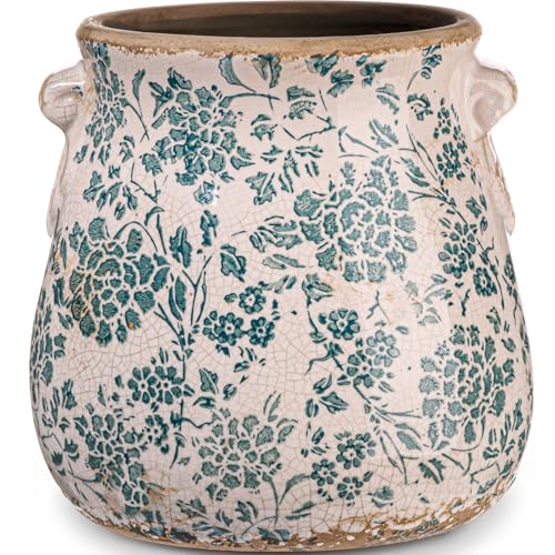 Ceramic Scroll Planter 6.5 Inch Chinoiserie Floral Vase with Drainage Holes Vintage Flower Vase Flower Pot Rustic Ceramic Pots for Indoor Plants Garden Home Bookshelf Decor(Indigo Blue) - style: Indigo Blue