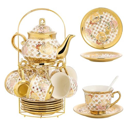 20 Pieces Porcelain Tea Set With Metal Holder, European Ceramic tea set for adults,Flower Tea Set,Tea Set For Women With Flower Painting - color: Golden