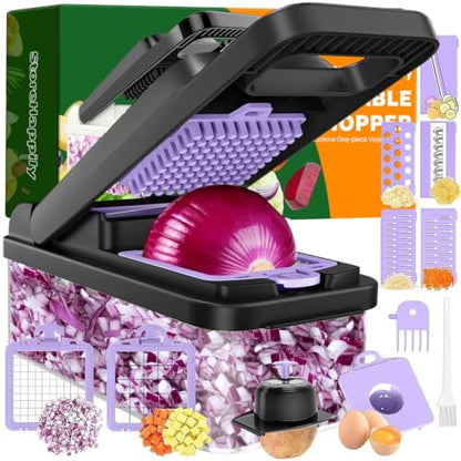 12-in-1 Vegetable Chopper 7 Blades, Veggie Cutter with Handle, Black/Purple | Stainless Steel Blades, Food Container and Lid, Dicer, Slicer, Julienne, Egg Separator, Non-slip Base, Include Cleaning Tools - color: Purple, size: 7 blades