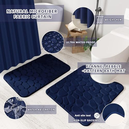 Bathroom Sets with Shower Curtain and Rugs Bathroom Accessories Set Navy Blue Bathroom Set,Soap Dispenser & Toilet Brush Holder Set with Stainless Steel Trash Can(23 PCS) - size: Navy Blue, style: Bath Set+Waffle Shower Curtain+Bath Rugs