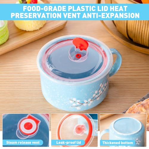 2 Pcs 30 oz Ceramic Soup Bowl with Lid and Handle Snow Flake Blossoms Cherry Pattern Microwave Soup Mug Instant Noodles Cup,2 Sets Stainless Utensils Fork Spoon Chopsticks with Case(Blue) - color: Blue