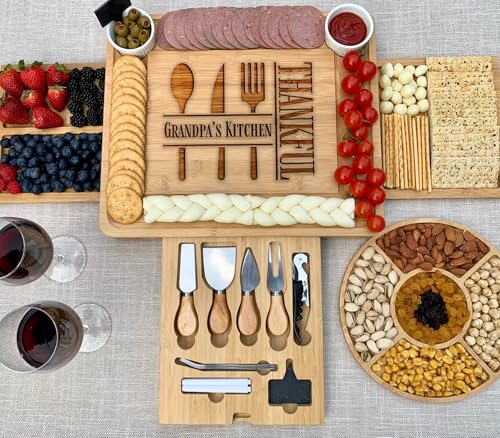 Custom Charcuterie Boards Gift Set – Large Bamboo Cheese Tray with Drawers & Utensils – Personalized Wedding, Christmas & Thanksgiving Gift - color: Design #48