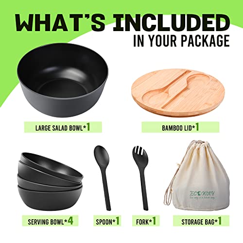 ECOWAY Bamboo Fiber Salad Bowl Set,Large Mixing Bowl with Natural Bamboo Lid and Utensils,4 Serving Bowls,Spoon,Fork and Fabric Bag for Salad,Soup,Vegetables,Pasta and Fruits(Black,9.8inches) - color: Black with serving bowls
