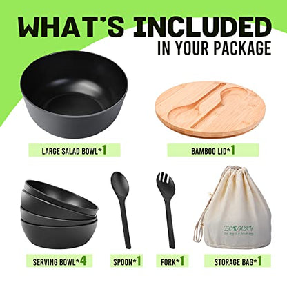 ECOWAY Bamboo Fiber Salad Bowl Set,Large Mixing Bowl with Natural Bamboo Lid and Utensils,4 Serving Bowls,Spoon,Fork and Fabric Bag for Salad,Soup,Vegetables,Pasta and Fruits(Black,9.8inches) - color: Black with serving bowls