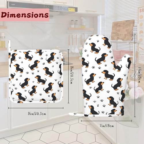 Cute Dachshund Dog Heat-Resistant Silicone Oven Mitts and Pot Holders 4 Piece Set,Extra Long Non-Slip Kitchen Oven Gloves for Cooking, Baking, BBQ,Grilling - color: Cute Dachshund Dog