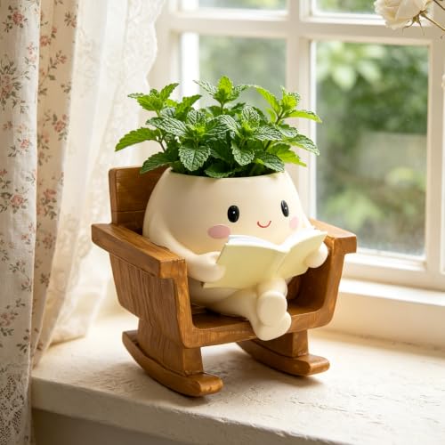 Cute Rocking Chair Smiley Face Planter Pot for Indoor Outdoor | Unique Book Garden Plant Pots with Drainage, Funny Succulent Flower Pot Decorative, Mother Gifts for Birthday, Christmas