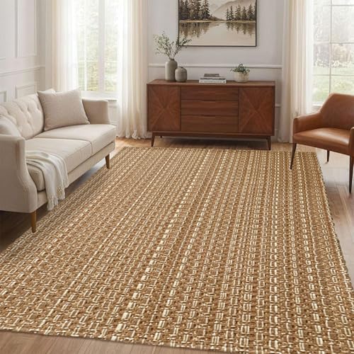 Tan Brown Faux Jute Area Rug 5x7 ft,Braided Solid Rubber Backed Indoor Rug | Washable neutral floor carpet, ideal for living room, bedroom, office and dining space - size: 5' x 7' (Rectangular)