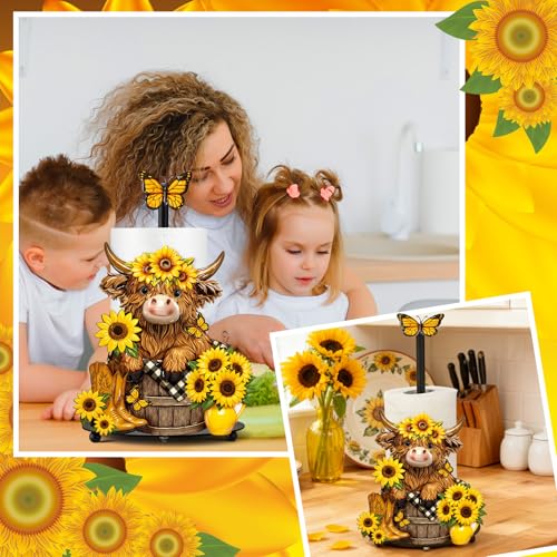 Summer Sunflower Highland Cow Paper Towel Holder Sunflower Floral Cattle Kitchen Bathroom Decor Farmhouse Metal Highland Cow Towel Holder Stand with Round Base for Home Countertop Accessories - style: Highland Cow