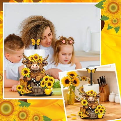 Summer Sunflower Highland Cow Paper Towel Holder Sunflower Floral Cattle Kitchen Bathroom Decor Farmhouse Metal Highland Cow Towel Holder Stand with Round Base for Home Countertop Accessories - style: Highland Cow
