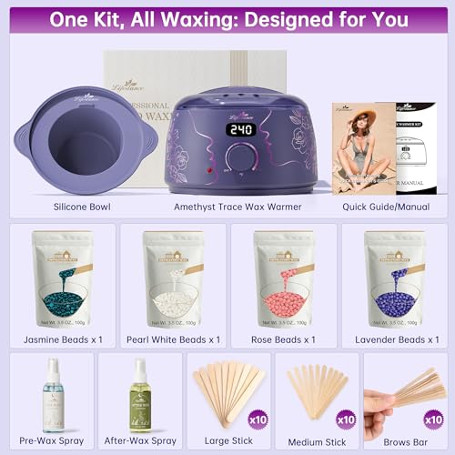 Lifestance Waxing Kit for Women & Men - L3 Amethyst Trace Digital Warmer, Silicone Wax Pot Liner, Hair Removal with 14.1oz Hard Wax Beads & Oil Spray, Professional for Home Brazilian Bikini Face Leg - color: Chic Enhanced LCD (Amethyst Trace) Kit