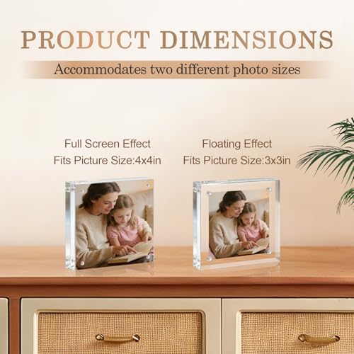 Acrylic Frame, 4x4 Picture Frame 3 Pack, 20MM Thicker Block, Double Sided Magnetic Clear Freestanding Photo Frame for Desk or Tabletop Display - size: 4x4" 3pack