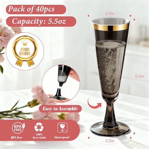 GuanQiao 40 Pack Plastic Champagne Flutes Black, Disposable Plastic Champagne Glasses with Gold Rim, Wine Glasses Cups for Wedding Celebration Birthday Party Wine Tasting New Years Eve Party Supplies - color: Gold Rim Black, size: 40-pack