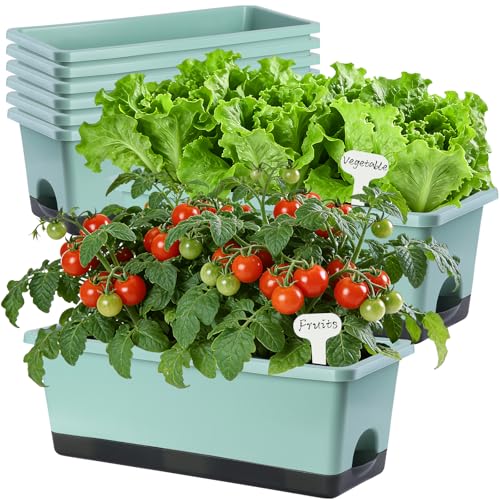 Window Box Planter 8 Pcs, 17 Inches Rectangle Flower Pots with Drainage Holes & Trays, Vegetable Planters for Windowsill Patio Garden Balcony Home Indoor Outdoor (Green, 16 * 7 * 6 inch) - color: Green