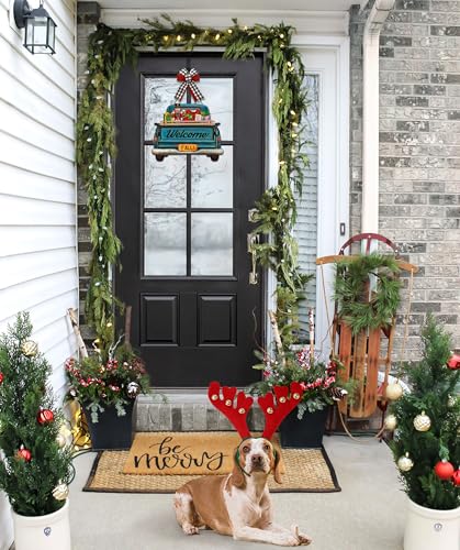 Interchangeable Welcome Sign for Front Door Blue Farmhouse Truck Decor Hanging Sign with 11 Interchangeable Seasonal and Holiday Decor Signs 12x14 in. (Blue Farmhouse Truck) - style: Farmhouse