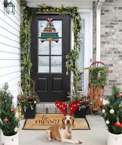 Interchangeable Welcome Sign for Front Door Blue Farmhouse Truck Decor Hanging Sign with 11 Interchangeable Seasonal and Holiday Decor Signs 12x14 in. (Blue Farmhouse Truck) - style: Farmhouse