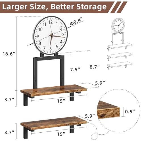 Floating Wall Shelves Set of 3 with Clock, 15 Inch | Wood Shelves, Rustic Finish, Wall Mounted, Storage Display, Farmhouse Style, Living Room, Bedroom, Bathroom, Kitchen