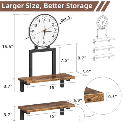 Floating Wall Shelves Set of 3 with Clock, 15 Inch | Wood Shelves, Rustic Finish, Wall Mounted, Storage Display, Farmhouse Style, Living Room, Bedroom, Bathroom, Kitchen