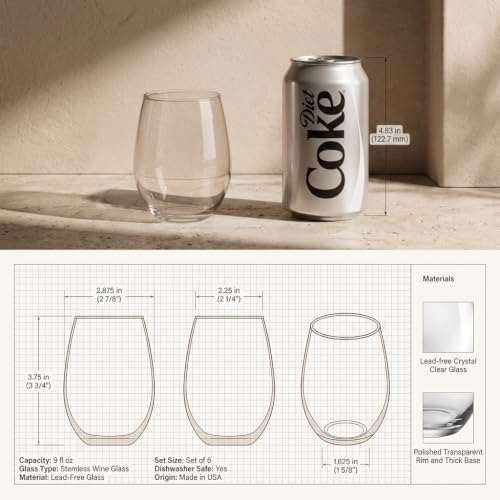 Necessia Set of 6 Stemless Wine Glasses (9oz) – Lead-Free Clear Tumblers – Narrow Rim & Slender Bowl for Enhanced Aromas – Chip-Resistant Rim – Dishwasher Safe – Made in USA