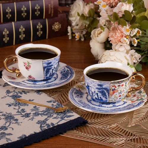 KAMMAK Tea Cups and Saucers Set of 2, Fine Bone China Coffee Cups, 582N | Stackable Espresso Mugs, Ceramic Demitasse for Coffee, Cappuccino, Latte, Americano, Tea - size: 7KPSP582N+583N