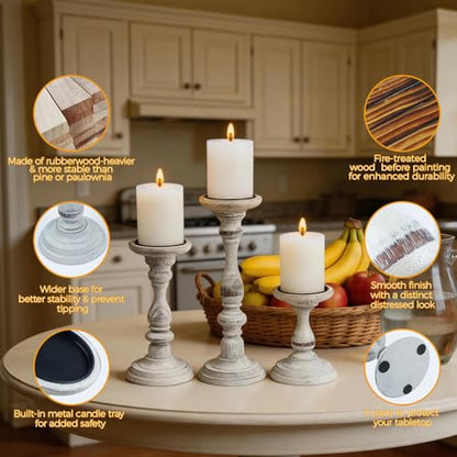 Rustic Distressed Wooden Candle Holder Set of 3 for Pillar Candles, Farmhouse Wood Candle Stands for Table Centerpieces & Living Room Home Decor (Rubber Wood(Distressed White))