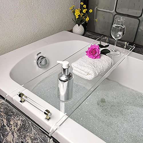 Bath Tub Tray,Clear Bathtub Tray for Luxury Bathroom – Waterproof Bath Caddy with Sleek Surface –No Assembly– Easy Cleaning Bathtub Organizer for Spa Relaxation (31") - style: 31" Tray With Gold Handles
