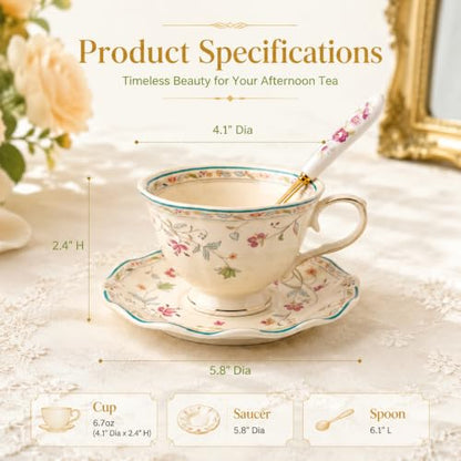 Noviko 6 oz Floral Tea Cups and Saucers Flower Ceramic cup | Set of 1, Afternoon Tea Party Gift for Women, Mom - color: Multicolor C