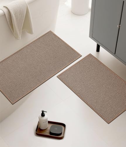 Thin Bath Mat Khaki Bathroom Rugs Sets 2 Pieces, Non Slip Absorbent Mats Quick Dry, Woven Rugs Washable, Tapetes para Baño for Bathroom Toliet,Bathtub(17"x24"+17"x32") - color: Khaki, size: 2Pieces(17"x24"+17"x32")