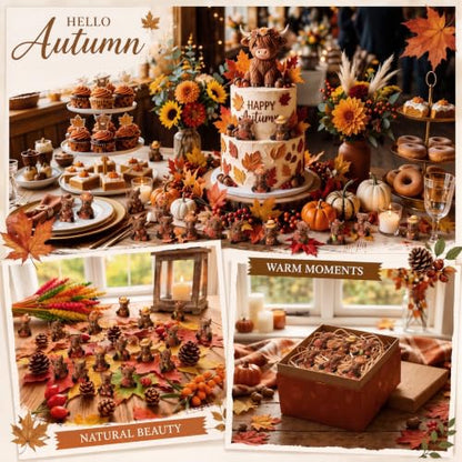 Yaomiao 60 Pcs Mini Resin Highland Cow Fall Maple Leaf Gnomes Statues Pumpkin Gnome Figures Table Decor for Fall Autumn Holiday Festive Home Kitchen Tiered Tray - style: Fall Highland Cow