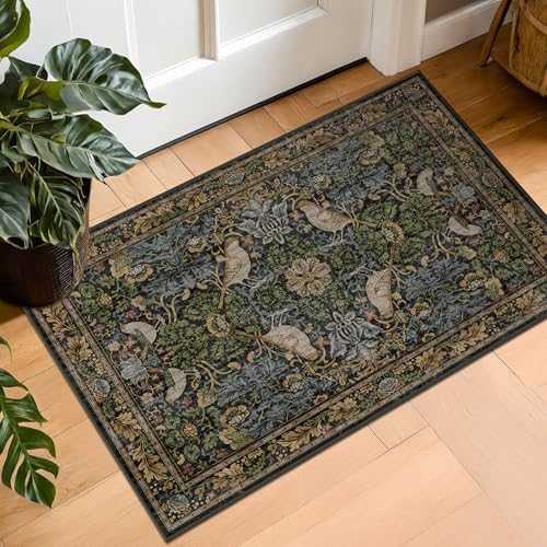 Washable Dark Vintage Floral Rugs for Entryway - Small 2x3 Washable Rug for Kitchen Bathroom Door Mat Indoor Entrance with Bird & Botanical Pattern, Brown Earthy Tones, Non Slip Low Pile - color: Dark Green / Brown, size: 2' x 3' (Rectangular)