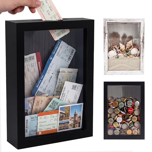GraduationMall 5x7 Top Loading Shadow Box Frame with HD Glass,Wood Display Case with Slot,1.25 inches Interior Depth,Ideal for Wine Bottle Caps,Tickets,Shells,Stamps and More,Black - color: Black, size: 5x7
