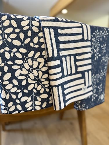 Kitchen Towels, Dish Towels for Kitchen, 3 Pc Kitchen Towel Set | Microfiber Waffle Towels, 16 x 26 inches, with Hanging Loops, Reusable Tea Towels, Cute Kitchen Towels - 3 Pack - color: Navy/Tan