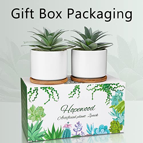 Hopewood Faux Agave Succulent Plant in Ceramic Pots Bamboo Tray, Set of 2 | Artificial Succulents Plants Faux Agave Greenery Fake Potted Plants for Bedroom Home Office Desk Living Room Decor - size: 2 Set Agave