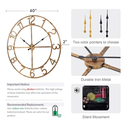 40in Large Silent Wall Clock, Easy Assembly Arabic Numeral Bronze | Non-ticking metal farmhouse wall clock, KD assembly, battery operated, oversized living room decor - size: 40inch