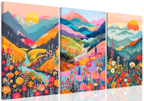 Colorful Mountain Wall Art Set of 3, Boho Floral Prints 24x16 Framed | Watercolor Mountain and Flower Canvas Prints Bring Vibrant Boho Style to Living Rooms, Bedrooms, Offices, and Gallery Walls - color: colorful mountain, size: 24L" x 16W"