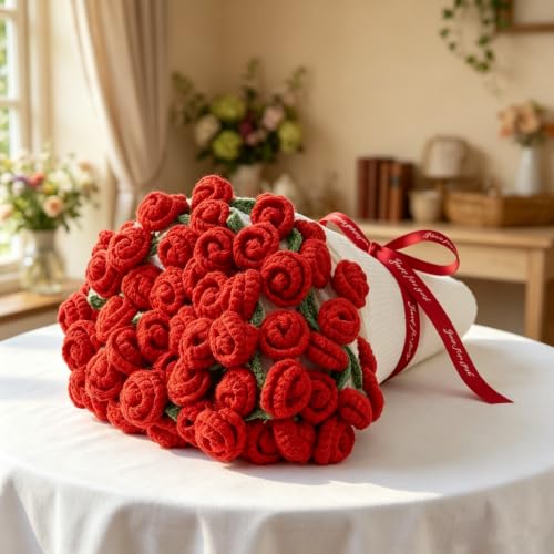 Crochet Rose Bouquet Blanket Shawl for Women, Handmade Chunky Knit Red Flower Throw Blankets Wrap with Gift Box, Creative Mother's Day Birthday for Her Mom Wife Girlfriend, 43"X43"