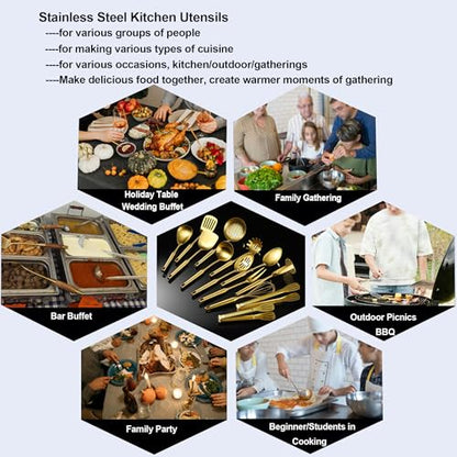 Gold Kitchen Cooking Utensils Set 13 PCS Stainless Steel 12-13.7" | Food-grade 304, Dishwasher Safe,Rust-proof, Made To Last,Easy To Store,Good Choice for Presents - color: Gold-13