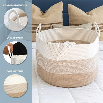 OrganiHaus Round Toy Basket & Blanket Basket, Cotton Rope 20x13" | 3-Toned Honey - Round Cotton Rope Basket, 20x13" - color: 3-toned Honey, size: Wide