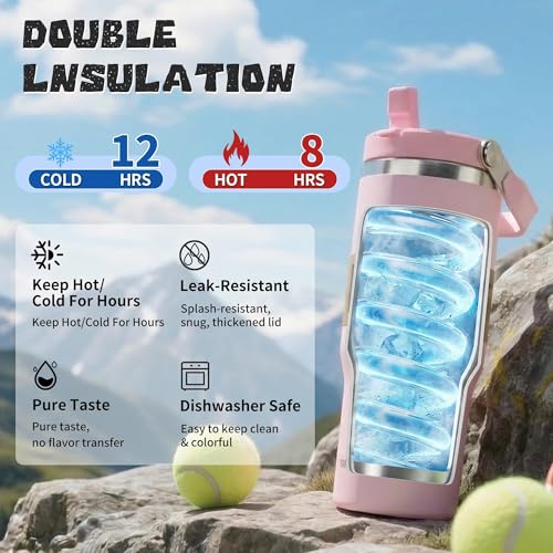 30oz Flip Straw Insulated Tumbler with Handle, Leak Proof Stainless Steel Water Bottle, Double Wall Vacuum Travel Coffee Mug for Cold Drinks, Gym Office Travel Essentials - color: Pink