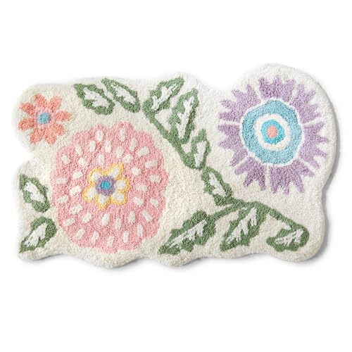 Market & Place Floral Bath Rug, White Pink and Green Bathroom Mat, Cute Bathroom Decor for Tub and Shower, Cotton Tufted Absorbent Bath Mat, 20" x 32" - color: Floral, size: 1'8" x 2'8" (Rectangular)