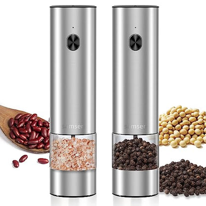 Electric Stainless Steel Pepper & Salt Grinder, Battery Operated, Pack of 2 | One-hand button switch, adjustable coarseness, LED light, transparent container easy to refill & clean - color: Silver + two grinders