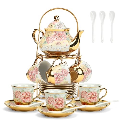 20Pcs Porcelain Tea Set with Metal Stand,European Vintage Tea Set for Adult | Ceramic Tea Cup and Saucer Set for 6 People,Tea Gift Set with Floral Teapot,Spoons for Wedding,Afternoon Tea Party(Pink Gold) - color: Light Gold