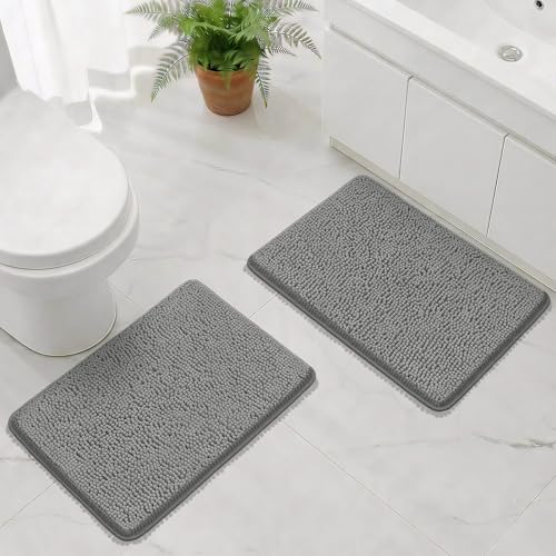 Bcoimo Bath Rug Mat Sets, 2 Piece Extra Soft Chenille Gray Bathroom Mat Set | Non Slip with Rubber Backing 24x17 Bath Mat; Machine Washable;Extra Soft Bath Rug;High Absorbent、Quick Drying Microfiber mat - color: Grey, size: 24×17 Plus 24×17