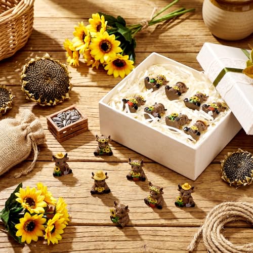 Yaomiao 60 Pcs Mini Highland Cow Figurines Resin Sunflower Highland Cow Figurines Cute Miniature Resin Gift Statue Decorations for Office Garden Desk Tabletop Festive Party Home Kitchen Tiered Tray - style: Sunflower