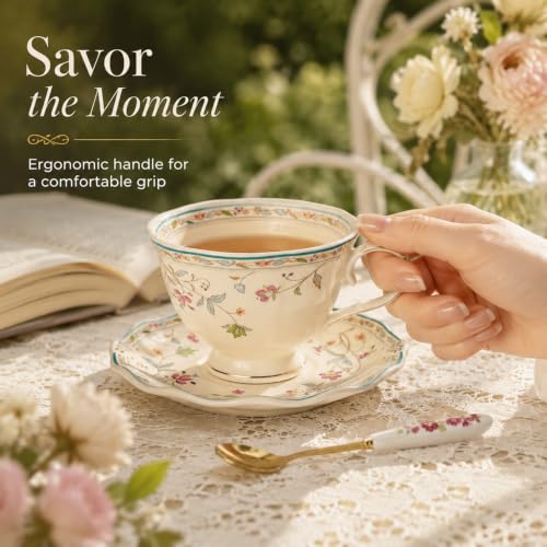 Noviko 6 oz Floral Tea Cups and Saucers Flower Ceramic cup | Set of 1, Afternoon Tea Party Gift for Women, Mom - color: Multicolor C
