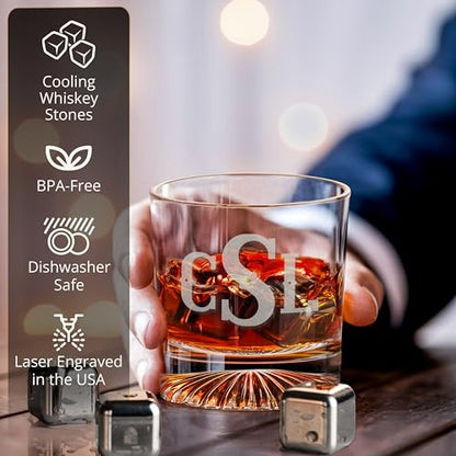 Custom Monogram 3 Initials Whiskey Gift Set, Glass, Wood Box, Him | Dot Design, Leather Coaster, Stainless Steel Stones, Personalized Design, Gift For Men, Husband Present, Dad Idea