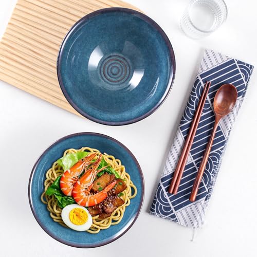 Ceramic Japanese Ramen Bowl Set, 2 Sets Asian Pho Udon Soup Noodle Bowls with Spoons and Chopsticks (Starry Blue, 8 inches) - color: Starry Blue