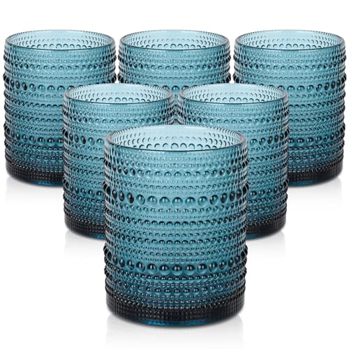 ZMOWIPDL Drinking Glasses Set of 6,12oz Blue Hobnail Glass Cups | Vintage Glassware，Embossed Water Tumbler,for Beer,Cocktail,Whiskey,Juice and Various Mixed Drinks- 1 Cleaning Brus - color: Blue
