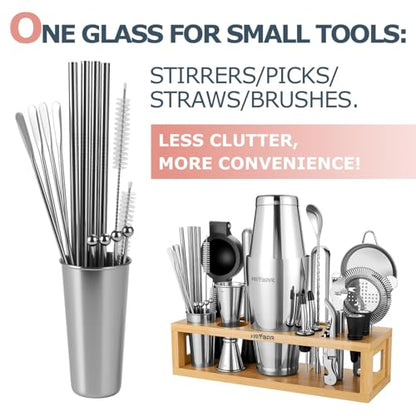 HMYBAR® Bartender Kit with Natural Bamboo Stand, 31-Piece Cocktail Shaker Set, 20/28 oz Boston Shaker Set for Home Bar, Mixology Bar Tool Set with 39 Recipe Cards - color: Natural